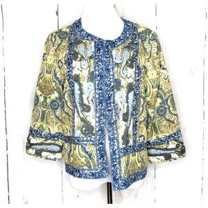 Chico’s Size 2 L/12 Open Front Embroidered Paisley Blazer Jacket Multicolor Boho